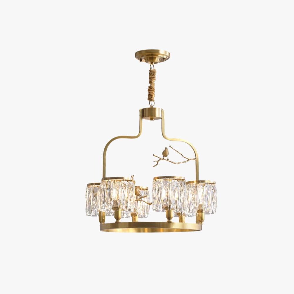 Crystal Bird Chandelier in H65 brass with clear K9 crystal shades and decorative bird details, front view
