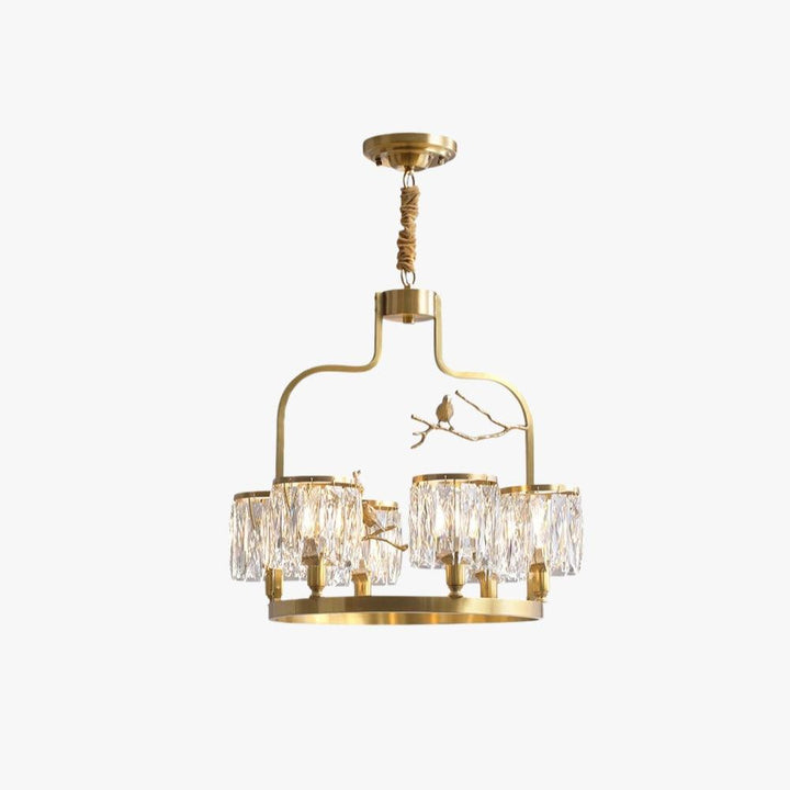 Crystal Bird Chandelier in H65 brass with clear K9 crystal shades and decorative bird details, front view
