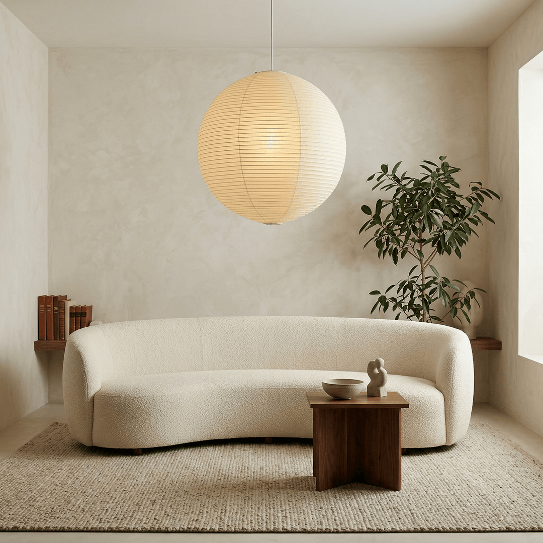 Large washi paper globe pendant light above a curved sofa