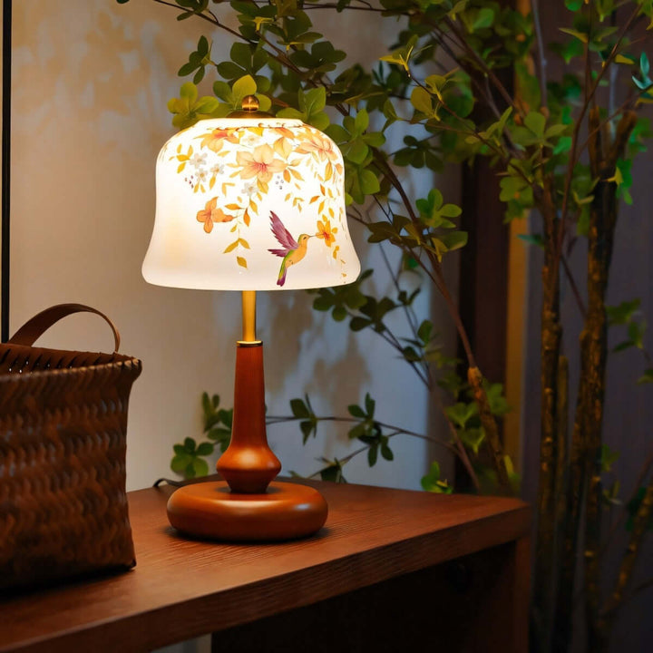 Cymora Table Lamp | Mid-Century Retro Flower & Bird Glass Light