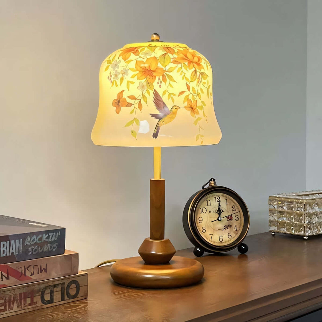Cymora Table Lamp | Mid-Century Retro Flower & Bird Glass Light