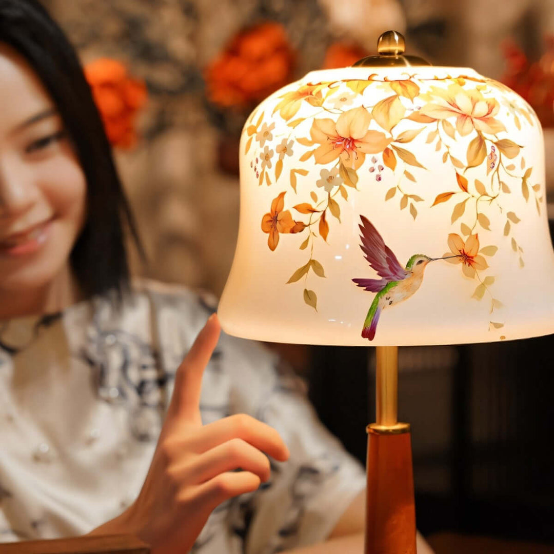 Cymora Table Lamp | Mid-Century Retro Flower & Bird Glass Light