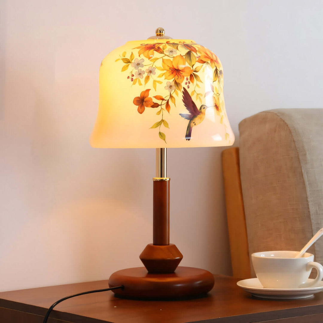 Cymora Table Lamp | Mid-Century Retro Flower & Bird Glass Light