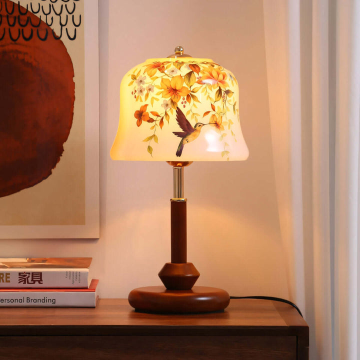 Cymora Table Lamp | Mid-Century Retro Flower & Bird Glass Light