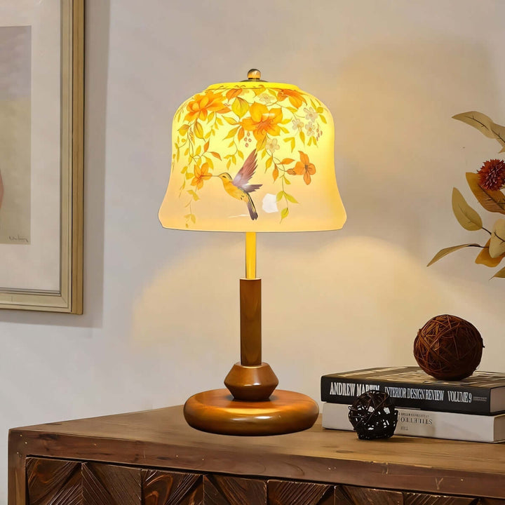Cymora Table Lamp | Mid-Century Retro Flower & Bird Glass Light