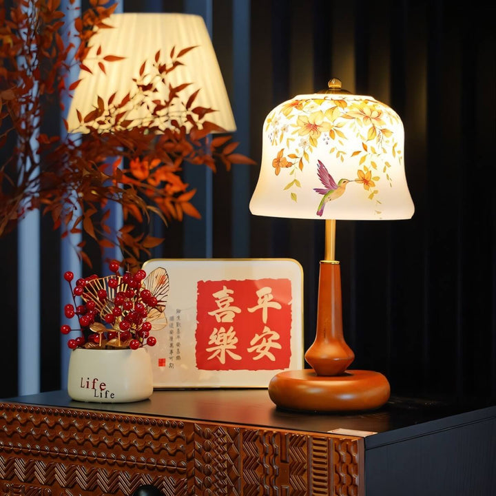 Cymora Table Lamp | Mid-Century Retro Flower & Bird Glass Light