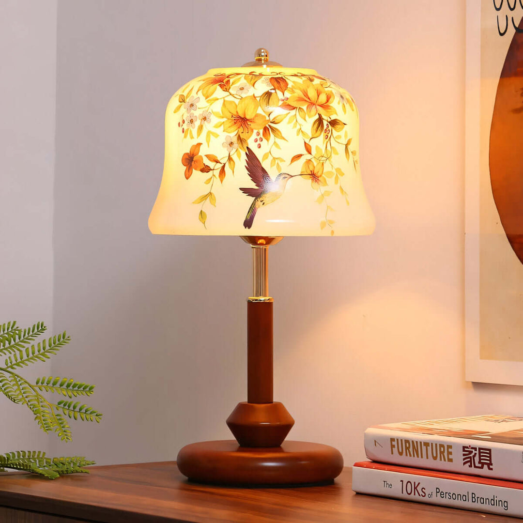 Cymora Table Lamp | Mid-Century Retro Flower & Bird Glass Light