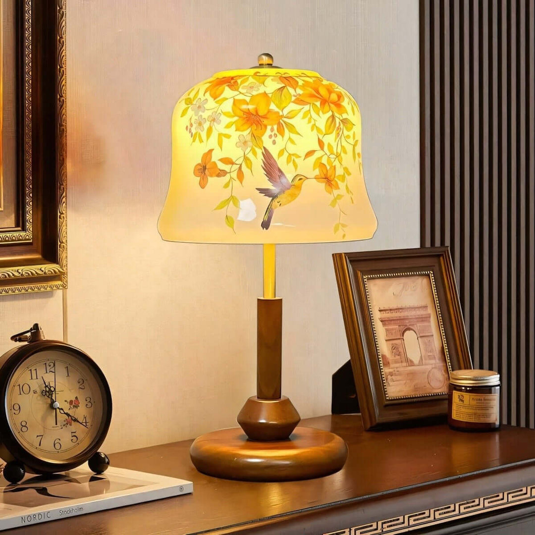 Cymora Table Lamp | Mid-Century Retro Flower & Bird Glass Light