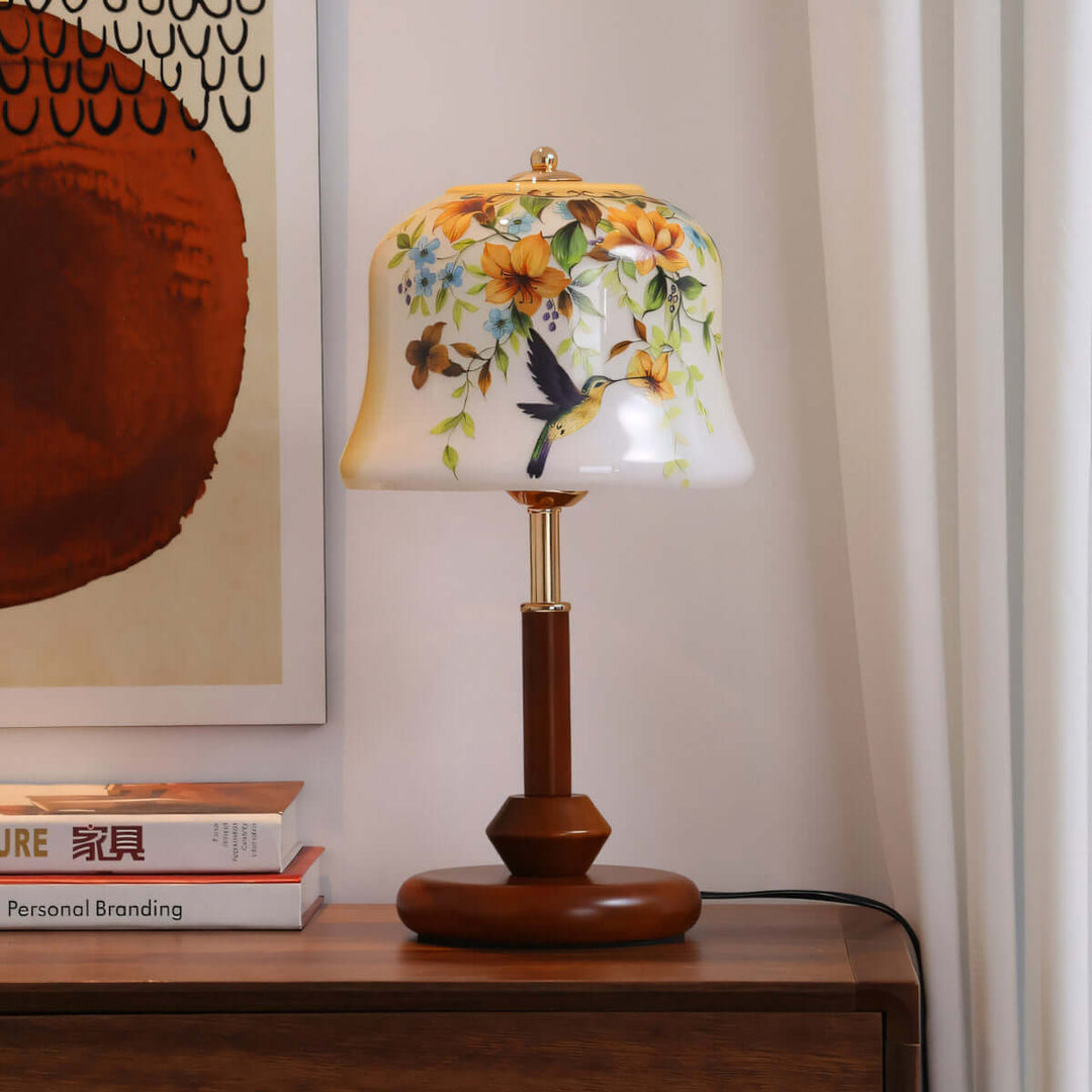 Cymora Table Lamp | Mid-Century Retro Flower & Bird Glass Light