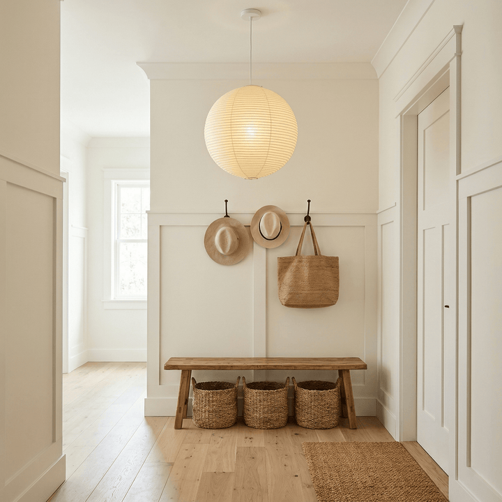 Washi paper globe pendant light in a warm modern entryway