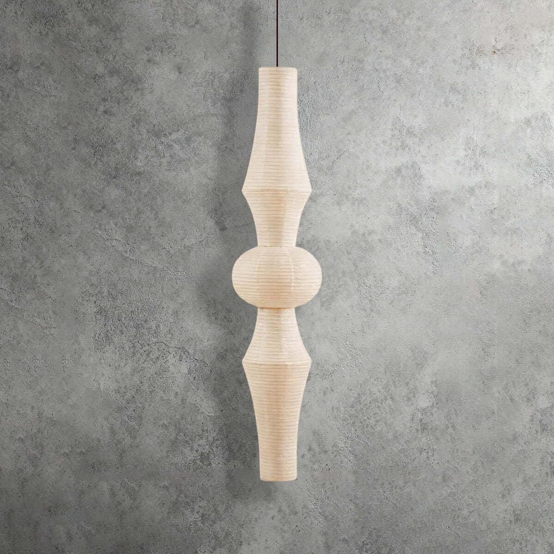 Extra-long yellowish Washi Paper Corner Pendant Light shown full length against a clean white background