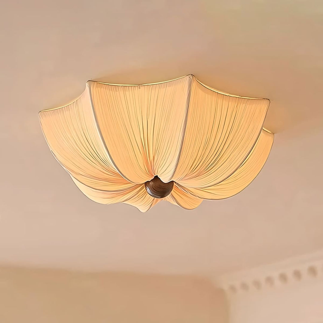 Dia 19.7-inch Feynar fabric and wood ceiling light shown illuminated from below