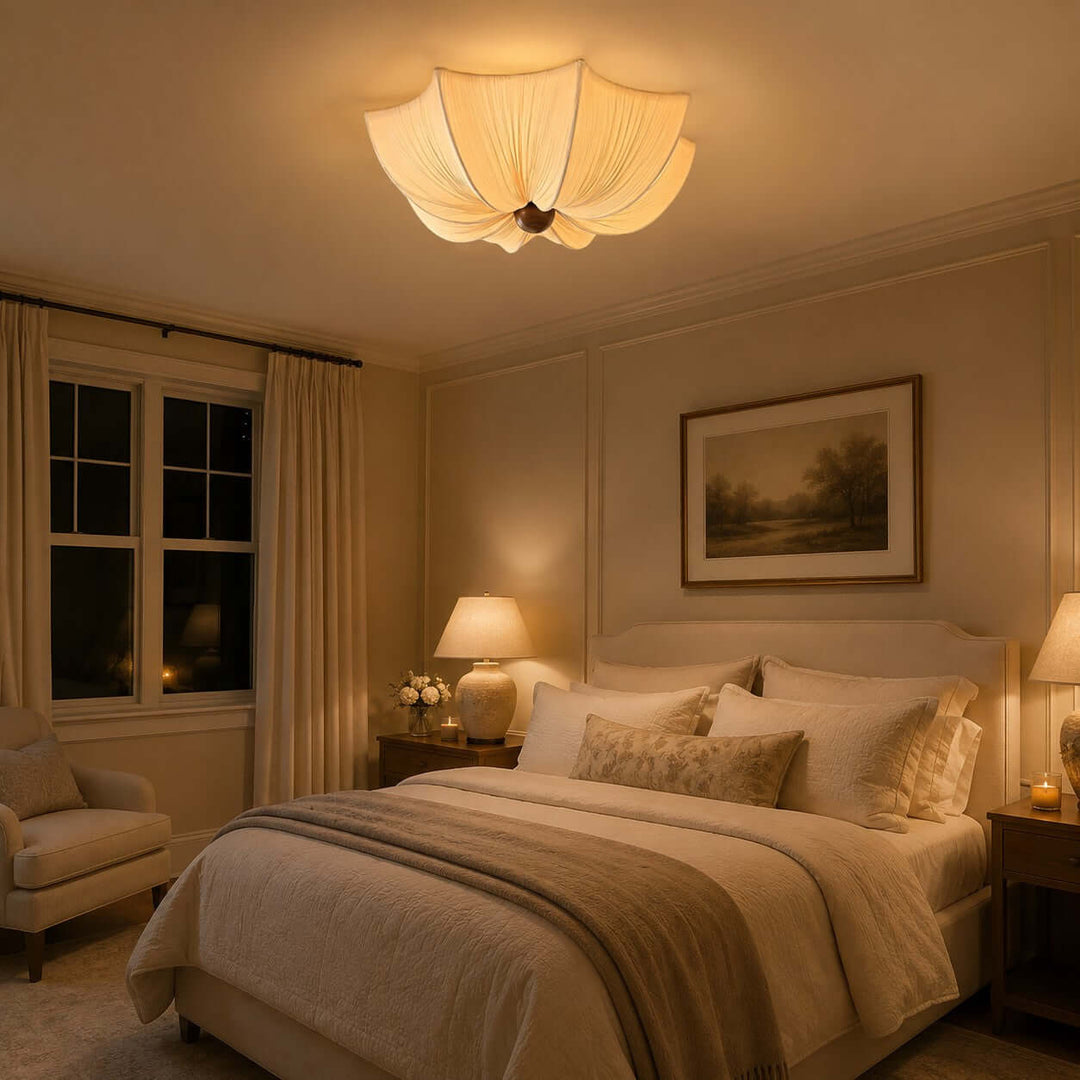Warm LED fabric ceiling light creating soft ambient illumination in a bedroom at night
