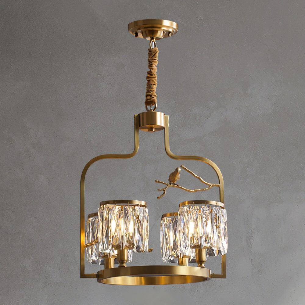 Front view of the four-light Crystal Bird Chandelier with glowing crystal shades on a gray background