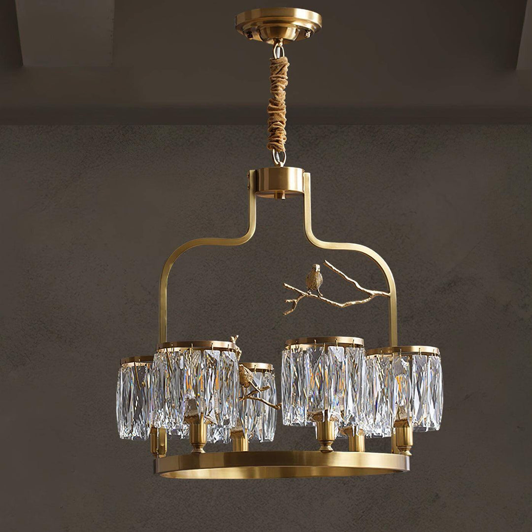 Four-light Crystal Bird Chandelier with a brass frame and illuminated clear K9 crystal shades