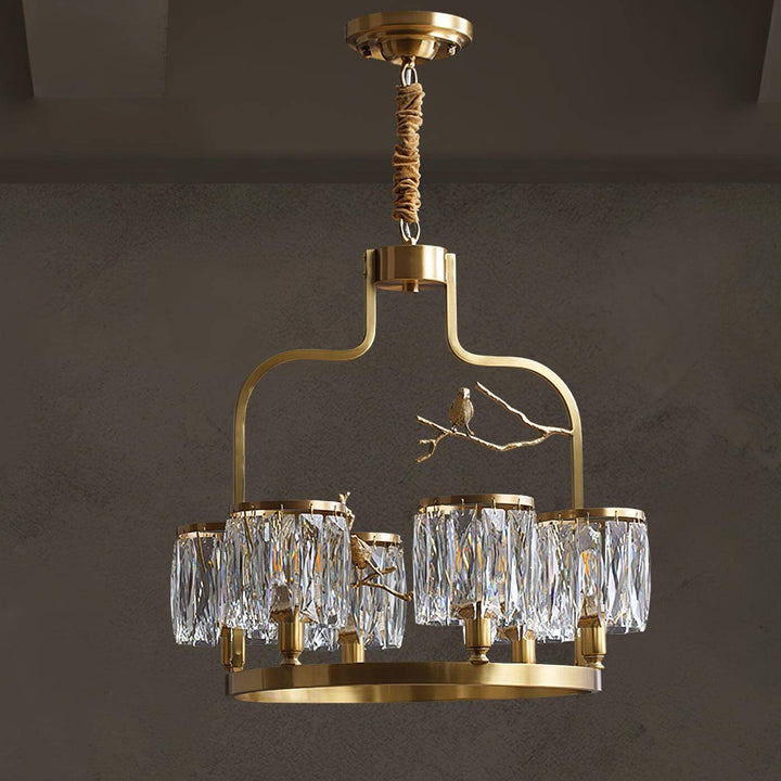 Four-light Crystal Bird Chandelier with a brass frame and illuminated clear K9 crystal shades