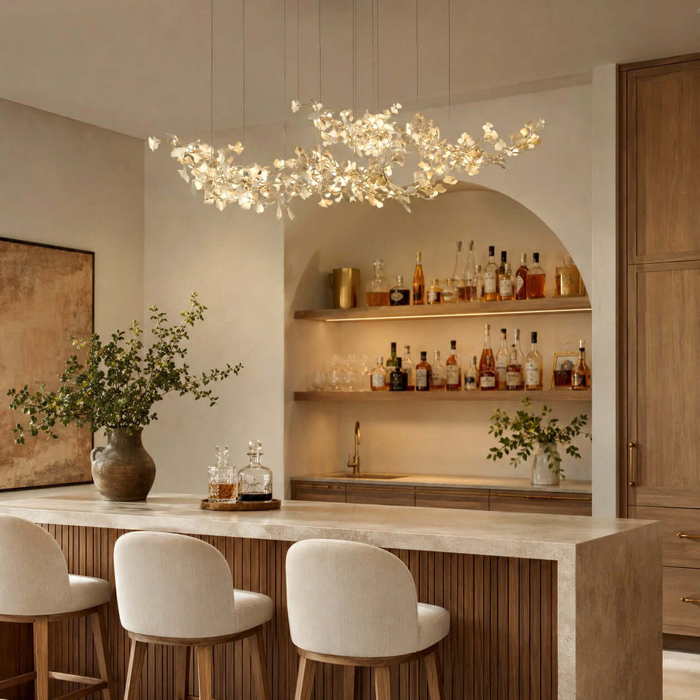 Large Gingko porcelain staircase chandelier illuminating a luxury curved stairwell