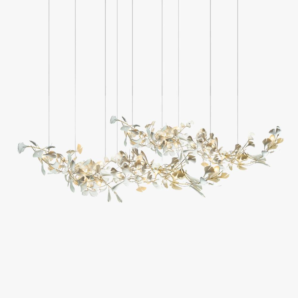 Gingko Style M porcelain spiral chandelier with white leaves and a gold-tone frame