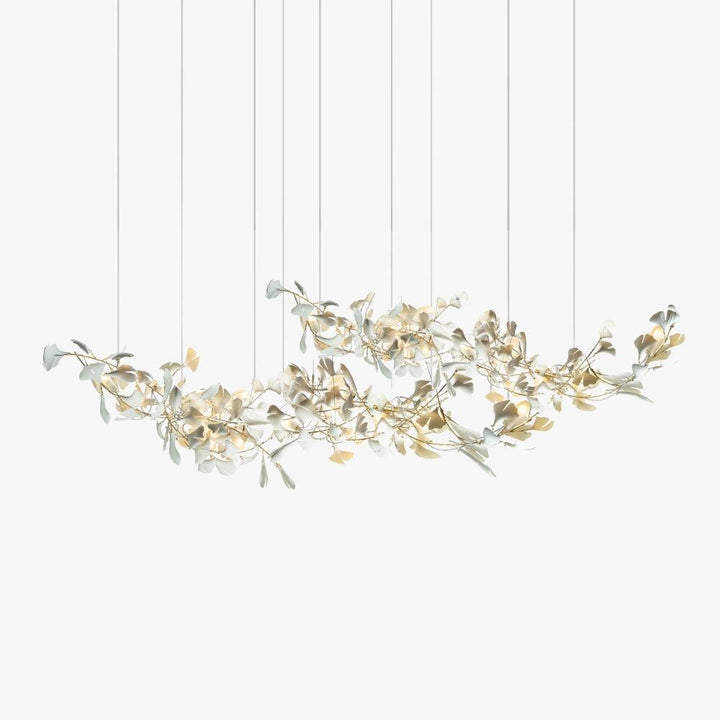 Gingko Style M porcelain spiral chandelier with white leaves and a gold-tone frame