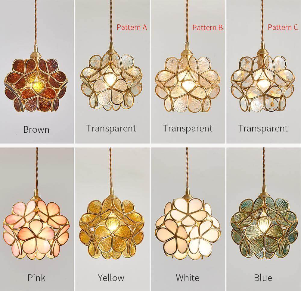 Glass petal pendant light color chart showing brown, transparent, pink, yellow, white and blue shades