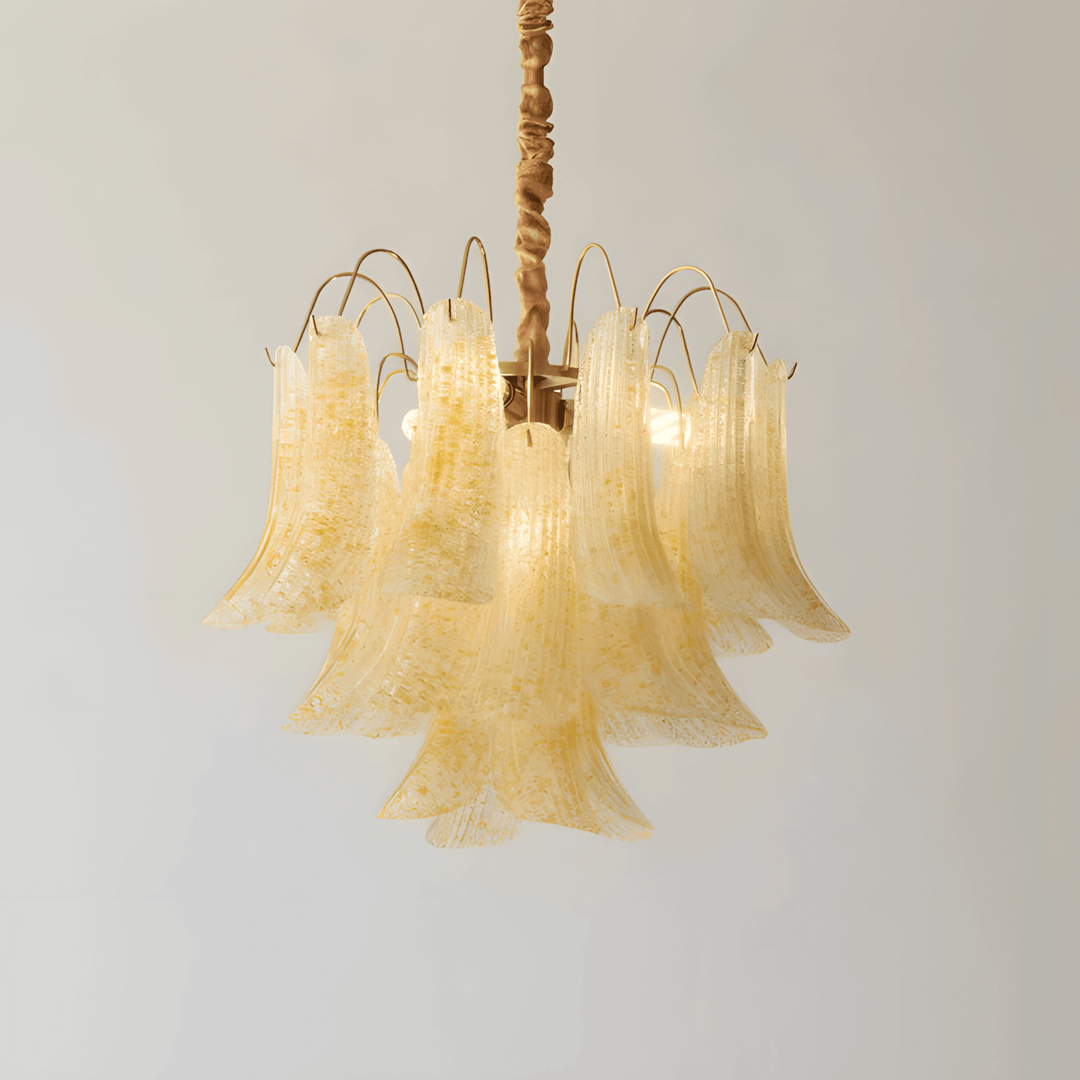 Green Murano glass chandelier with layered flared panels shown illuminated