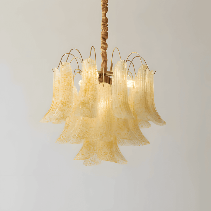 Green Murano glass chandelier with layered flared panels shown illuminated