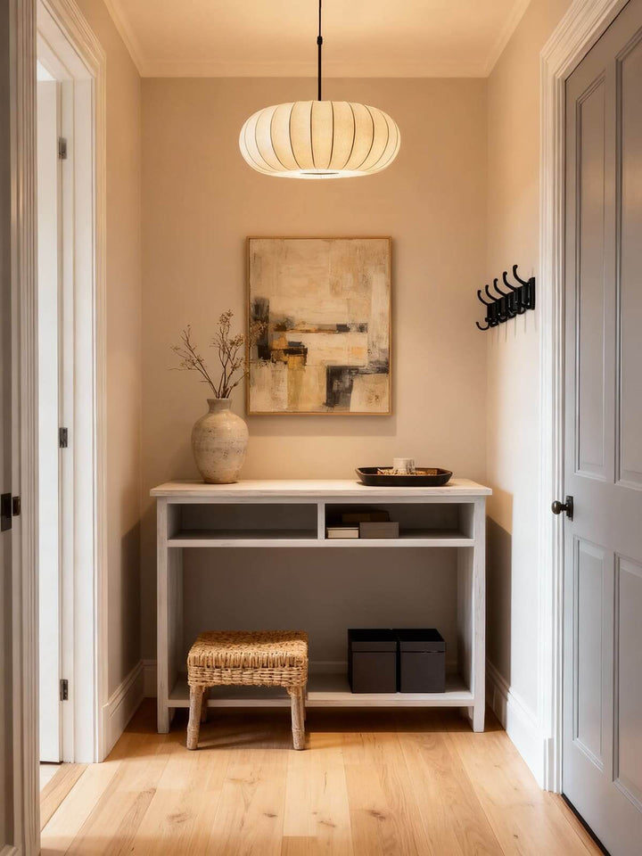 Warm round hallway pendant light above an entryway console table