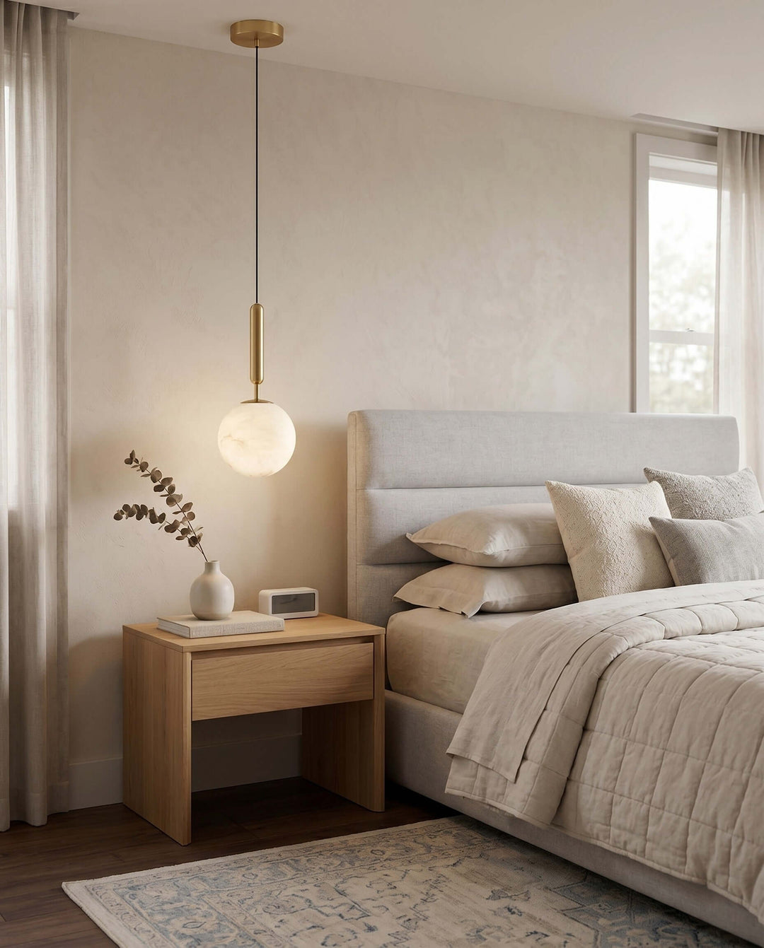 Alabaster hanging light for a bedroom, suspended above a wood nightstand in a neutral interior