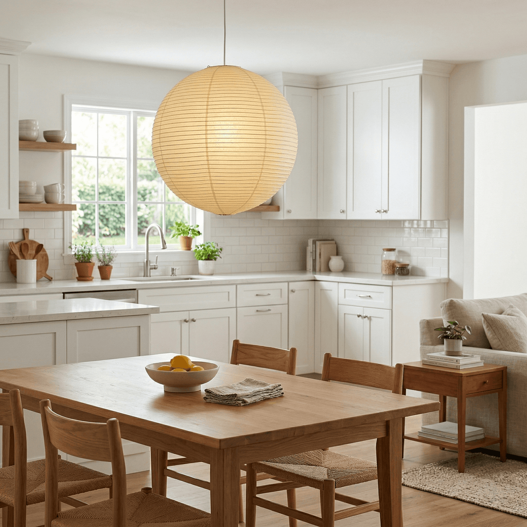 Washi paper globe pendant light above a kitchen dining table