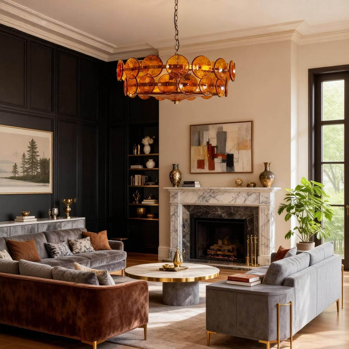 Large orange glass chandelier displayed in an elegant living room with a fireplace