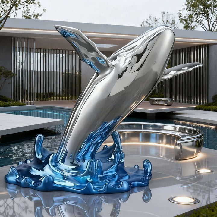 Close view of a large outdoor whale sculpture beside a modern reflecting pool and curved metal bench.