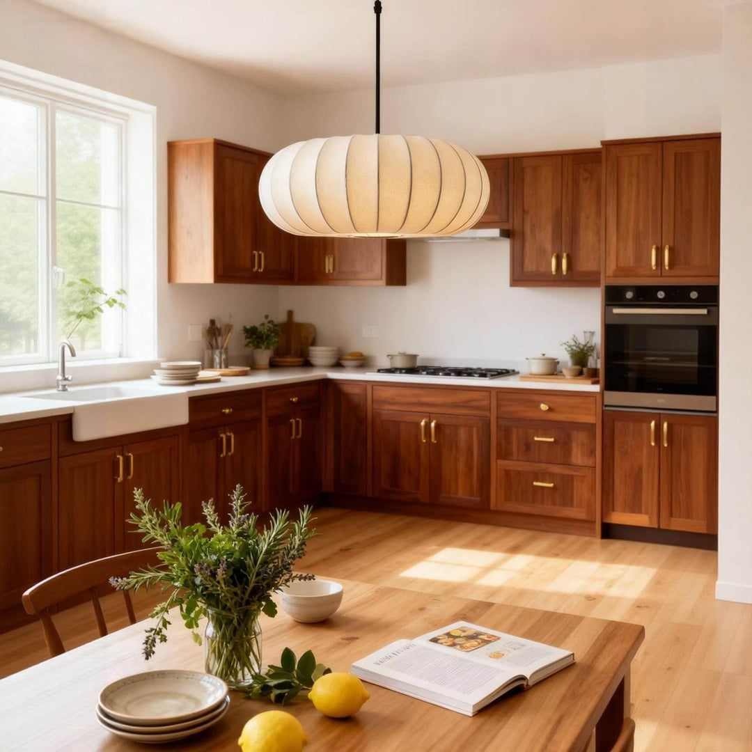 Large round fabric pendant light hanging in a warm wood kitchen and dining area