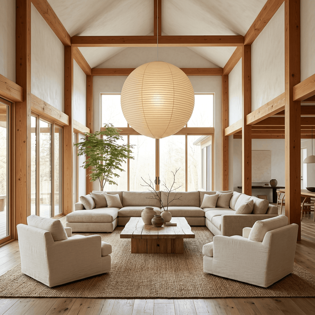 Large washi paper globe pendant light in a timber frame living room