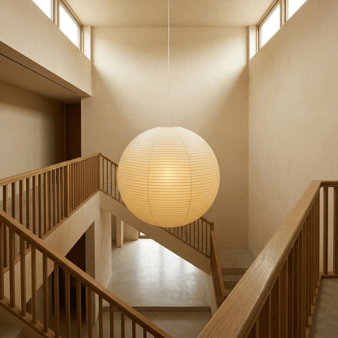 Large washi paper globe pendant light over a staircase