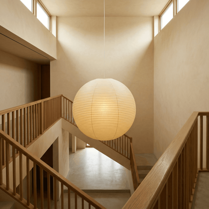 Large washi paper globe pendant light over a staircase