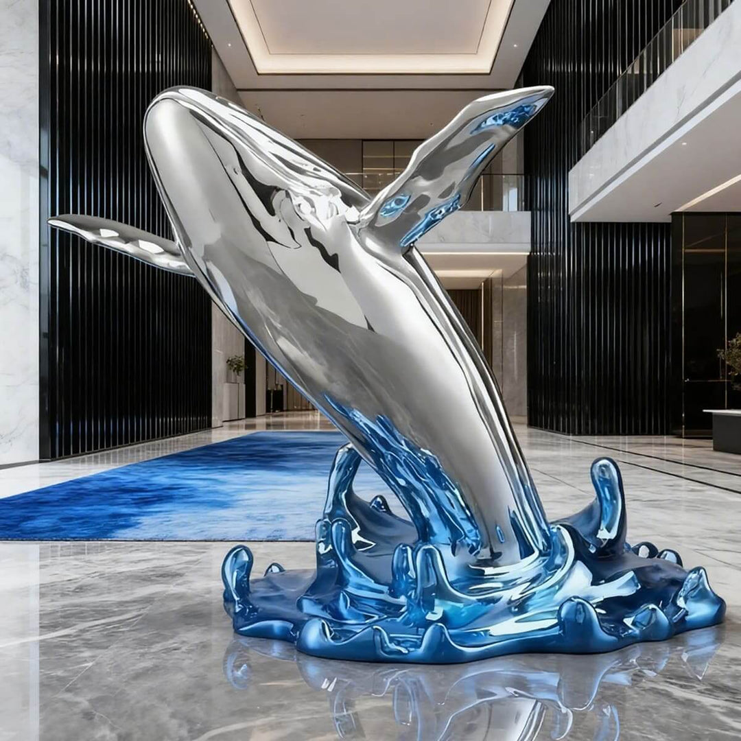 Oversized silver whale sculpture with a blue wave base in a black-and-white luxury lobby.