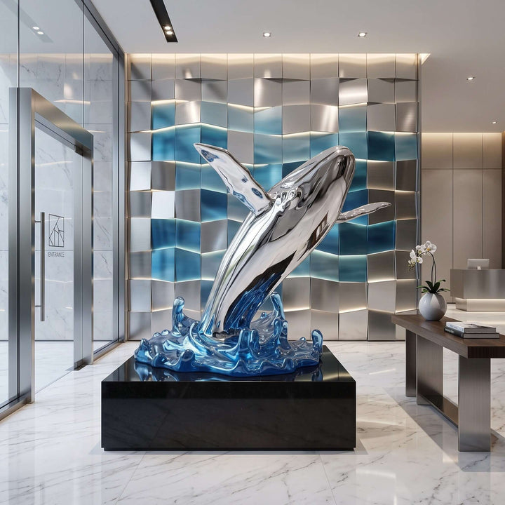Large silver whale sculpture with a blue wave base on a black pedestal in a modern office reception area.
