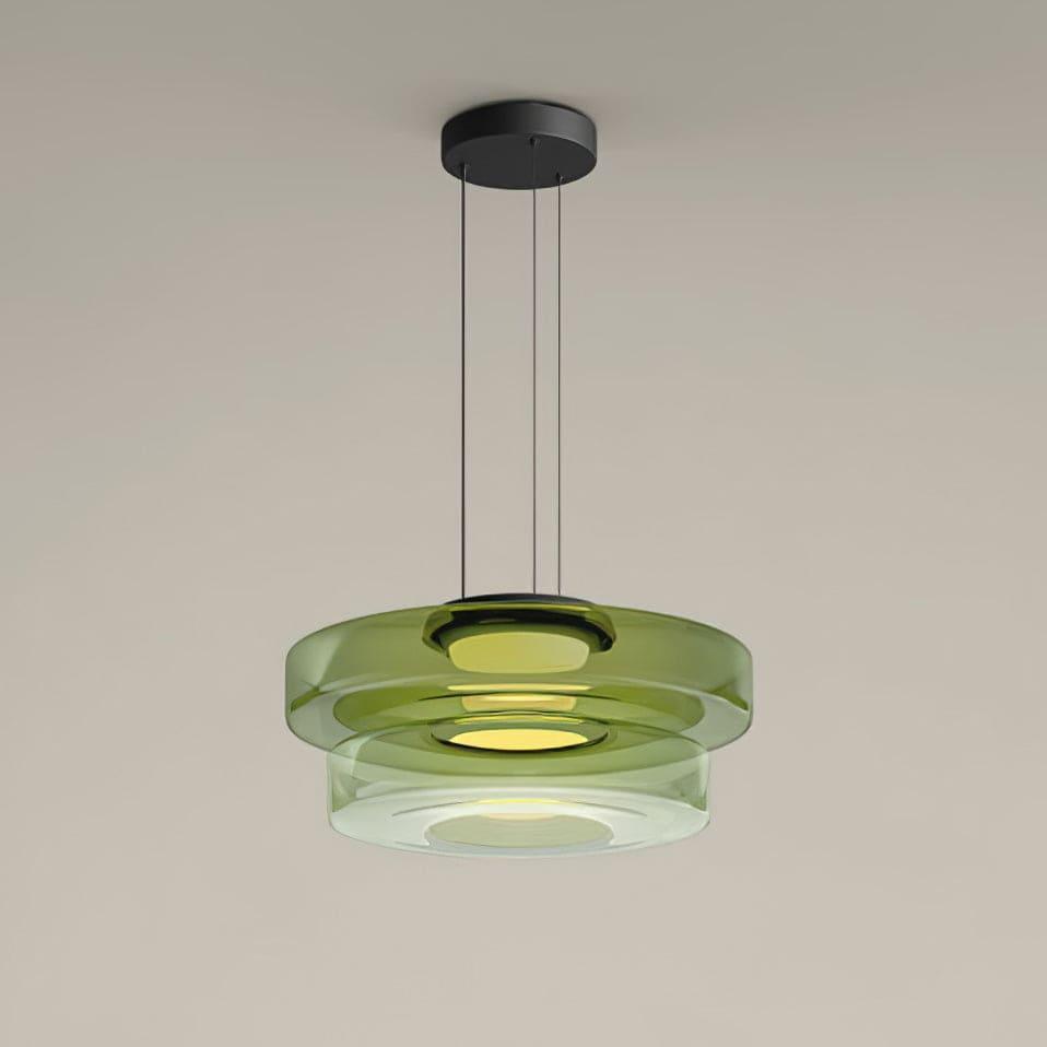 Green two-layer glass pendant light with stacked translucent shades and black suspension