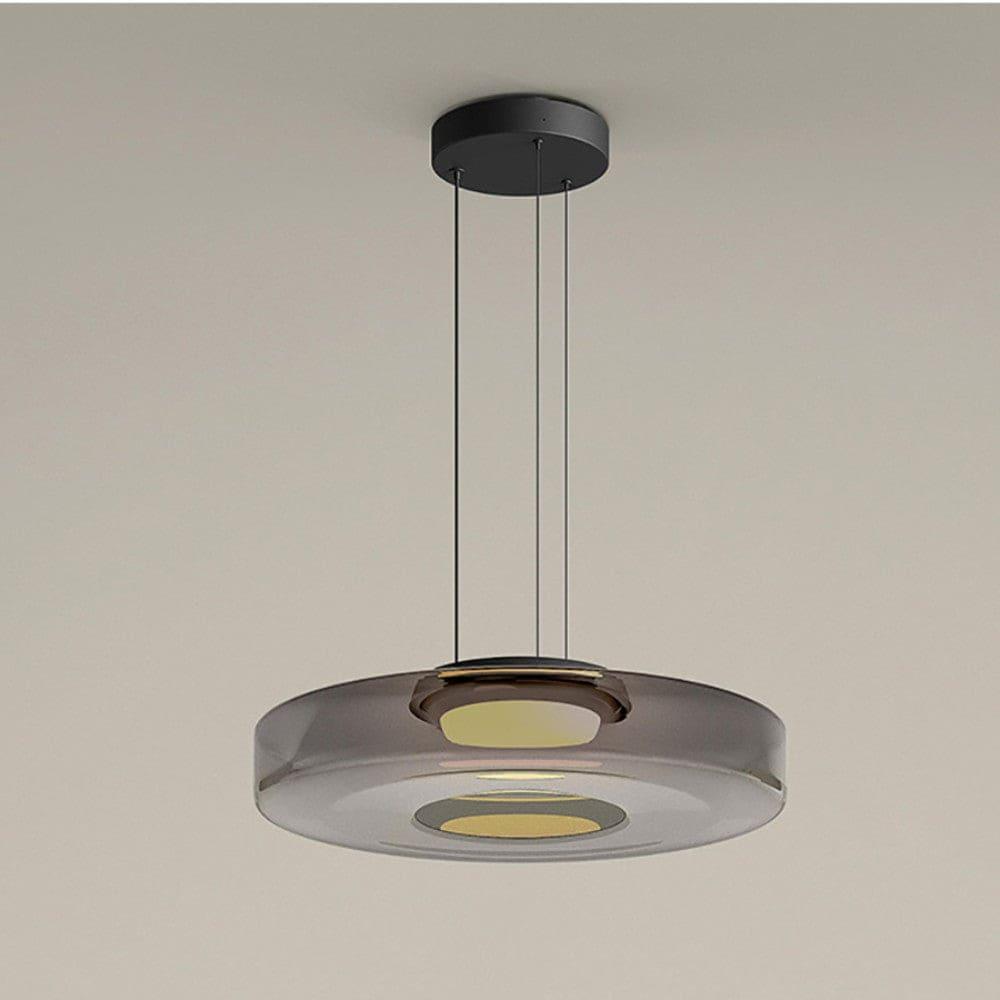 Smoke Grey one-layer glass pendant light with round disc shade and black ceiling canopy