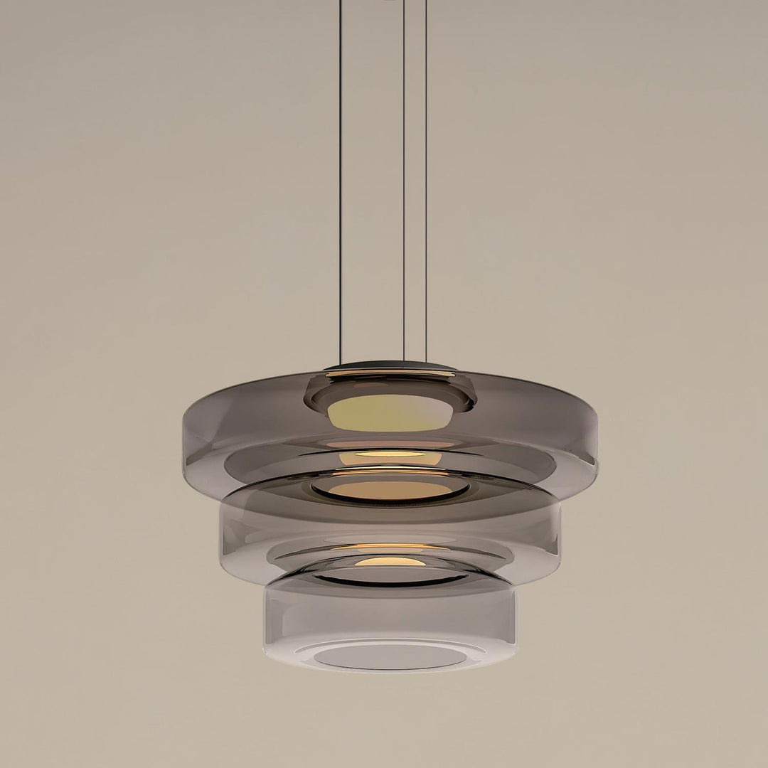 Smoke Grey three-layer glass pendant light with graduated sculptural shades and black canopy