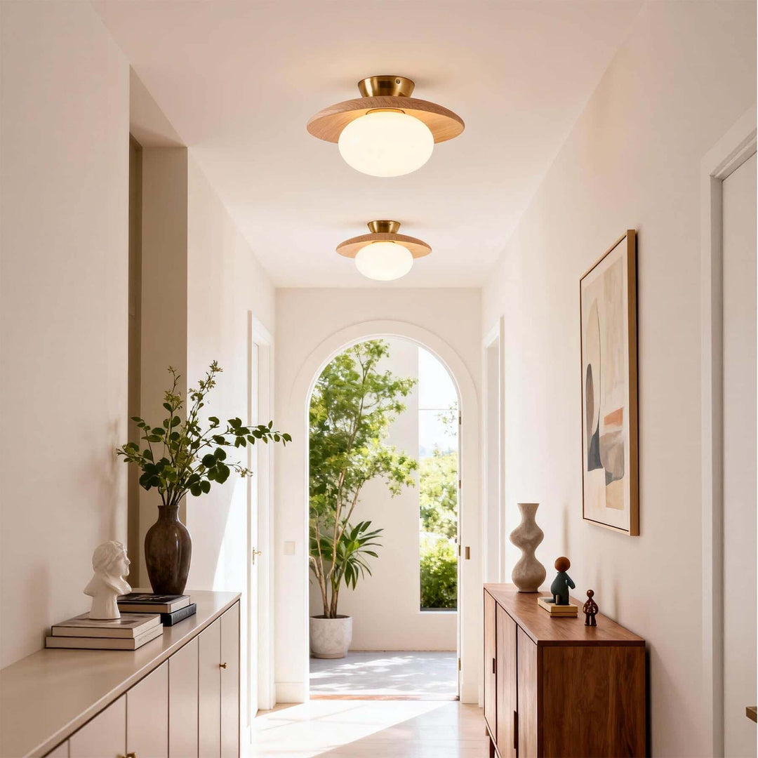 Pair of light wood hallway ceiling lights with frosted glass globe shades
