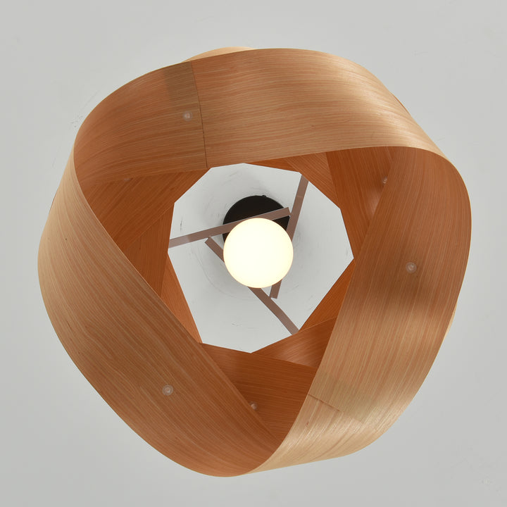 Bottom view of the Link pendant light showing the bulb, frame, and wrapped wood veneer shade