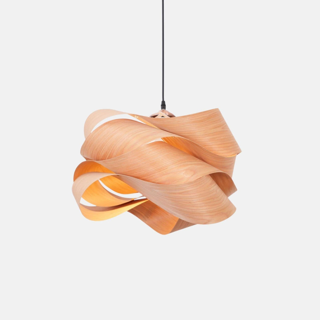 Centered product view of the Link wood pendant light with a softly glowing inner shade