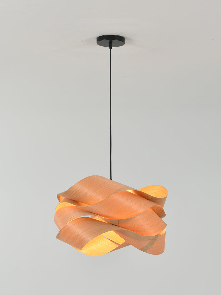 Full-length view of the Link wood pendant light with a black cord and ceiling canopy
