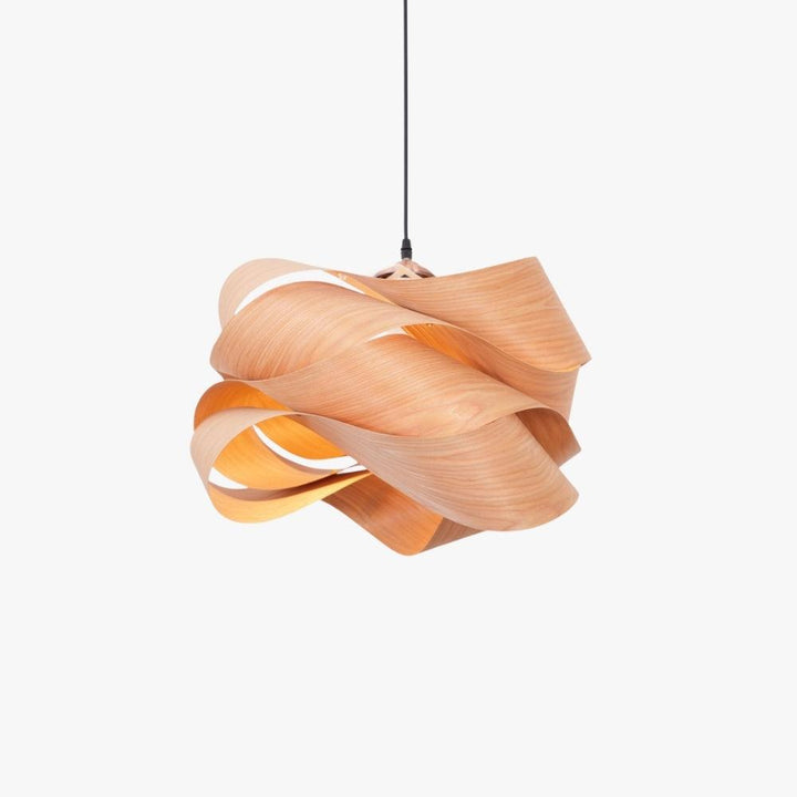Link wood pendant light with a layered ribbon veneer shade on a white background