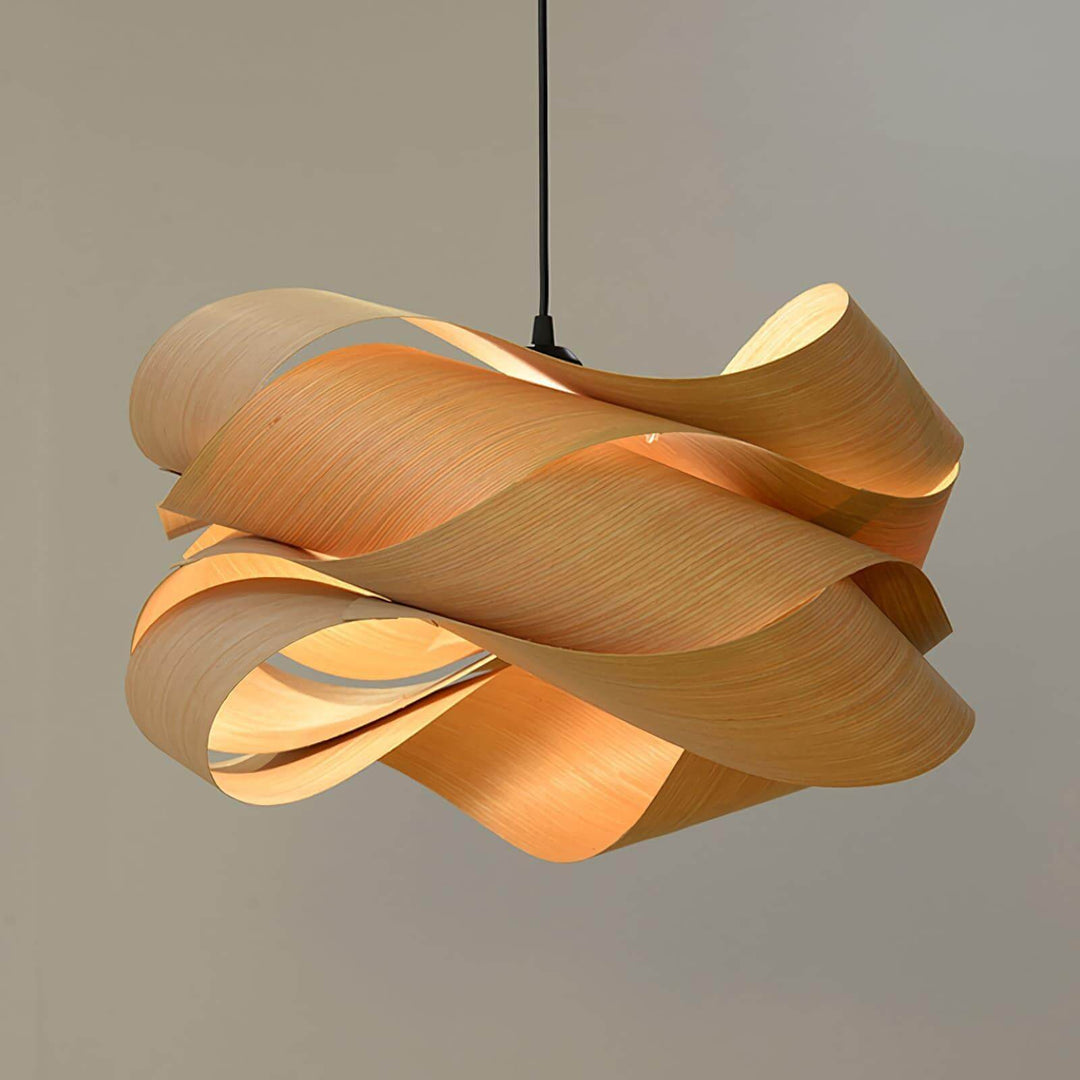 Front view of the Link wood pendant light showing natural veneer grain and layered loops