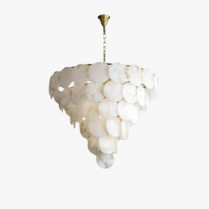 Elegant alabaster multi-tiered chandelier for mid-century modern lighting, ideal for large living room spaces.
