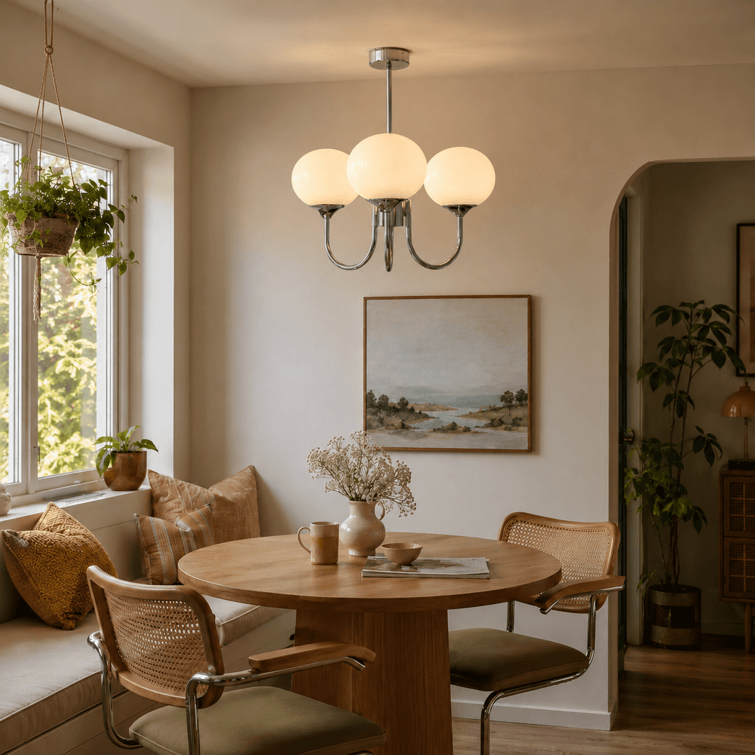 Three-light cream glass chandelier with a chrome finish above a round dining table.
