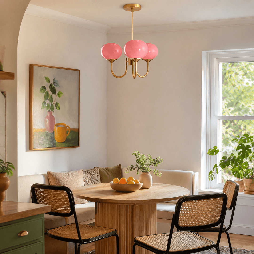 Three-light pink Marshmallow chandelier above a round table in a modern breakfast nook.
