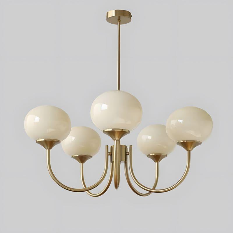 Five-light Marshmallow chandelier with a copper frame and cream glass globes.